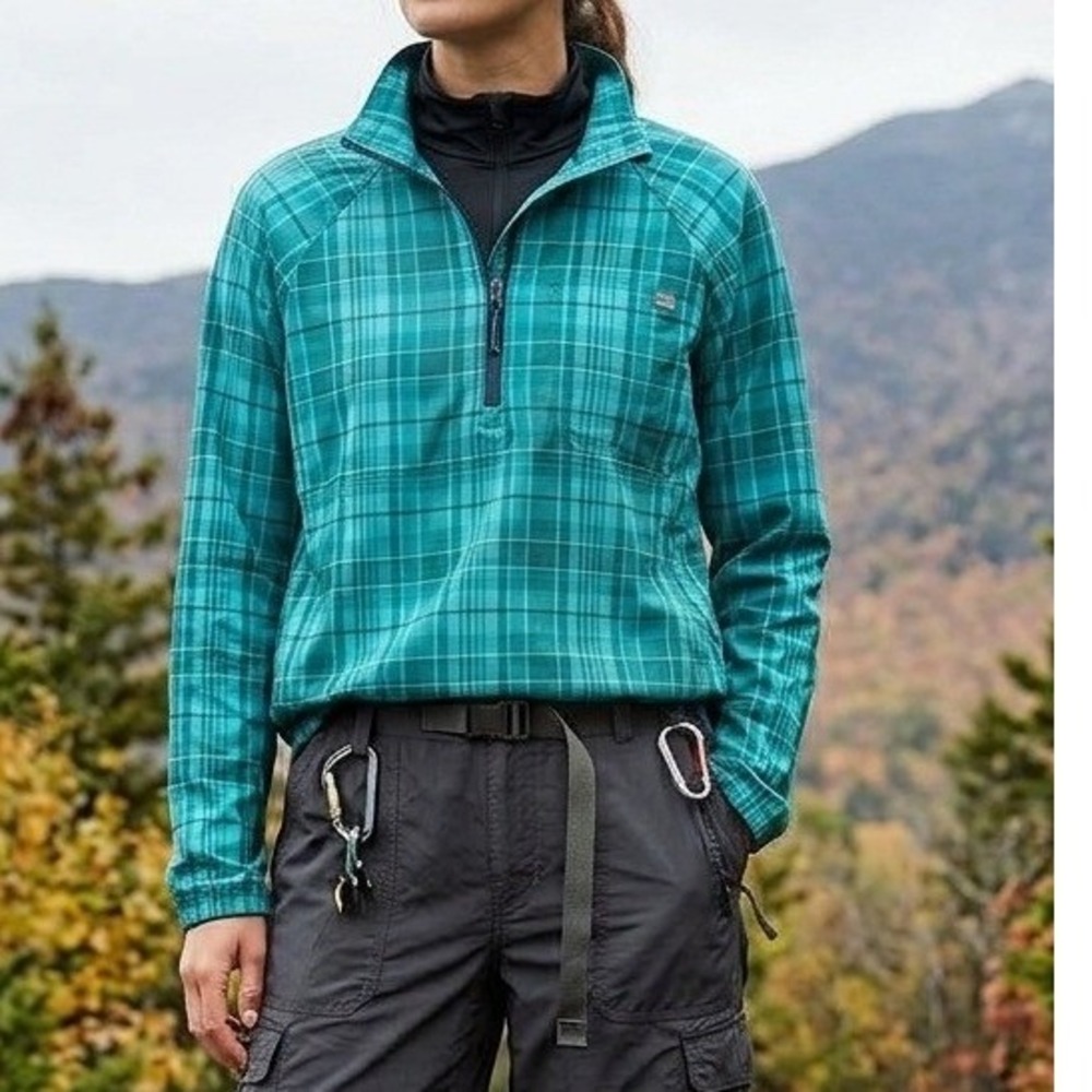L.L. Bean Pullover Womens XL Teal Plaid 1/4 Zip Active Hiking Top 513192